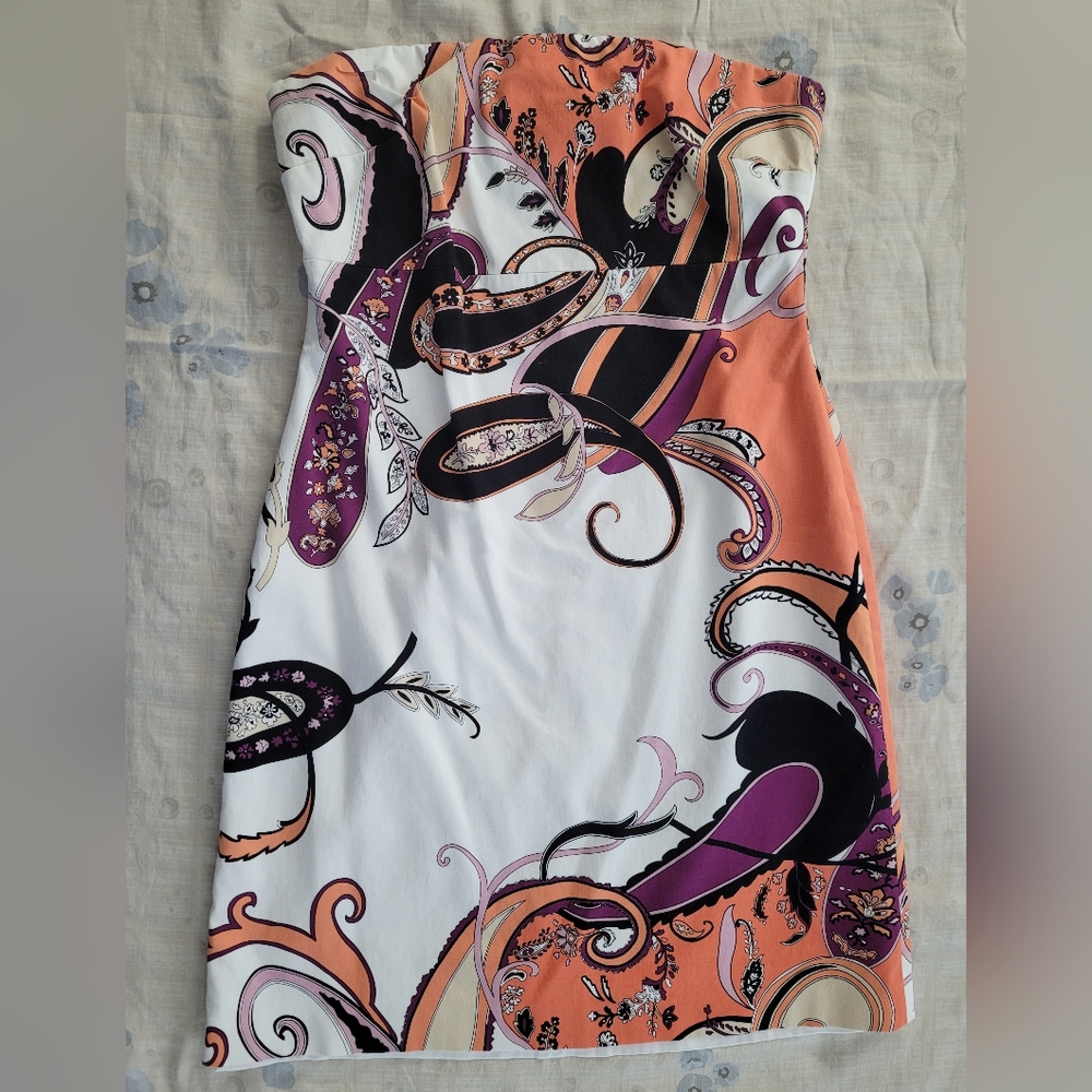 Tahari Strapless Dress in Orange, Purple, and Black